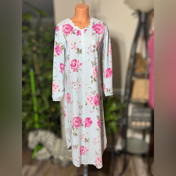 Miss Elaine Printed Brushed Waffle Long Nightgown - Picture 3 of 10